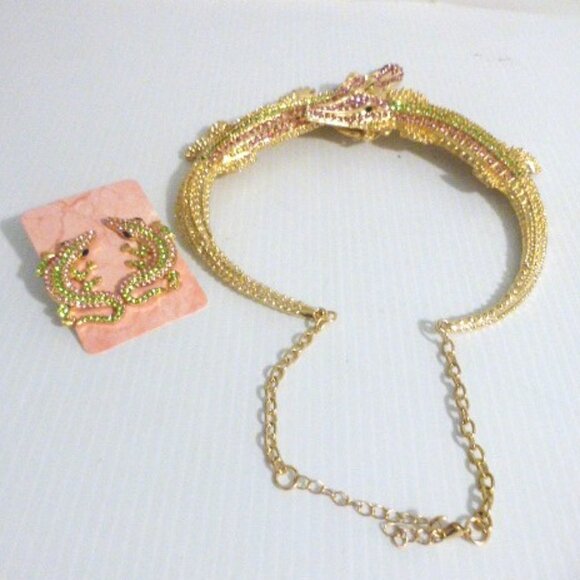 Vintage 1 of A Kind CROCODILE NECKLACE & EARRINGS Rhinestones Statement Jewelry - Picture 2 of 14